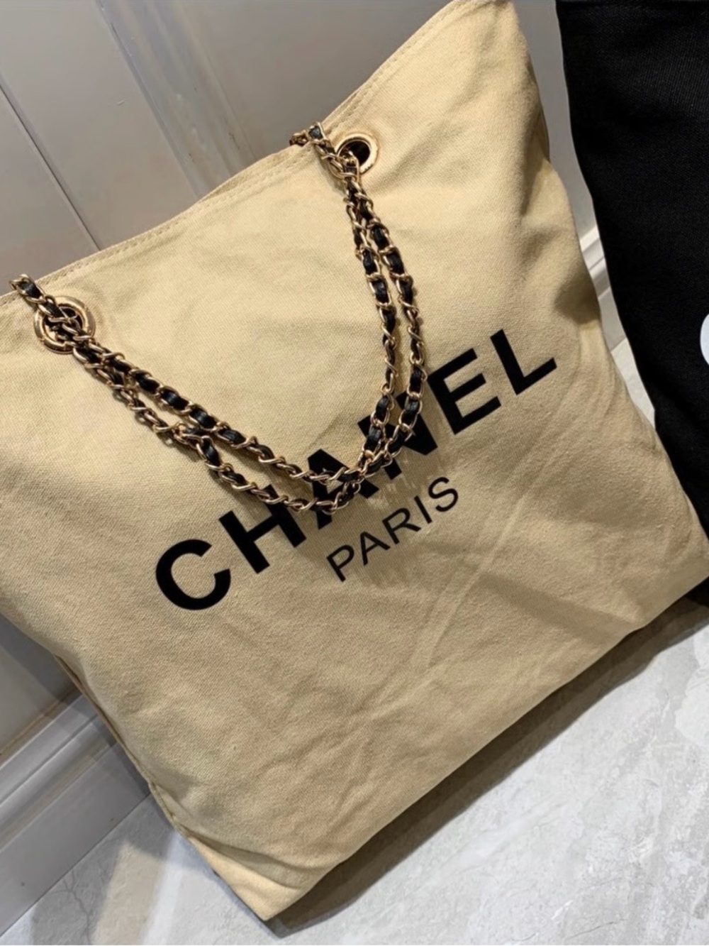 CC Beauty Cream Canvas Tote with Gold Chain-Trim Handles